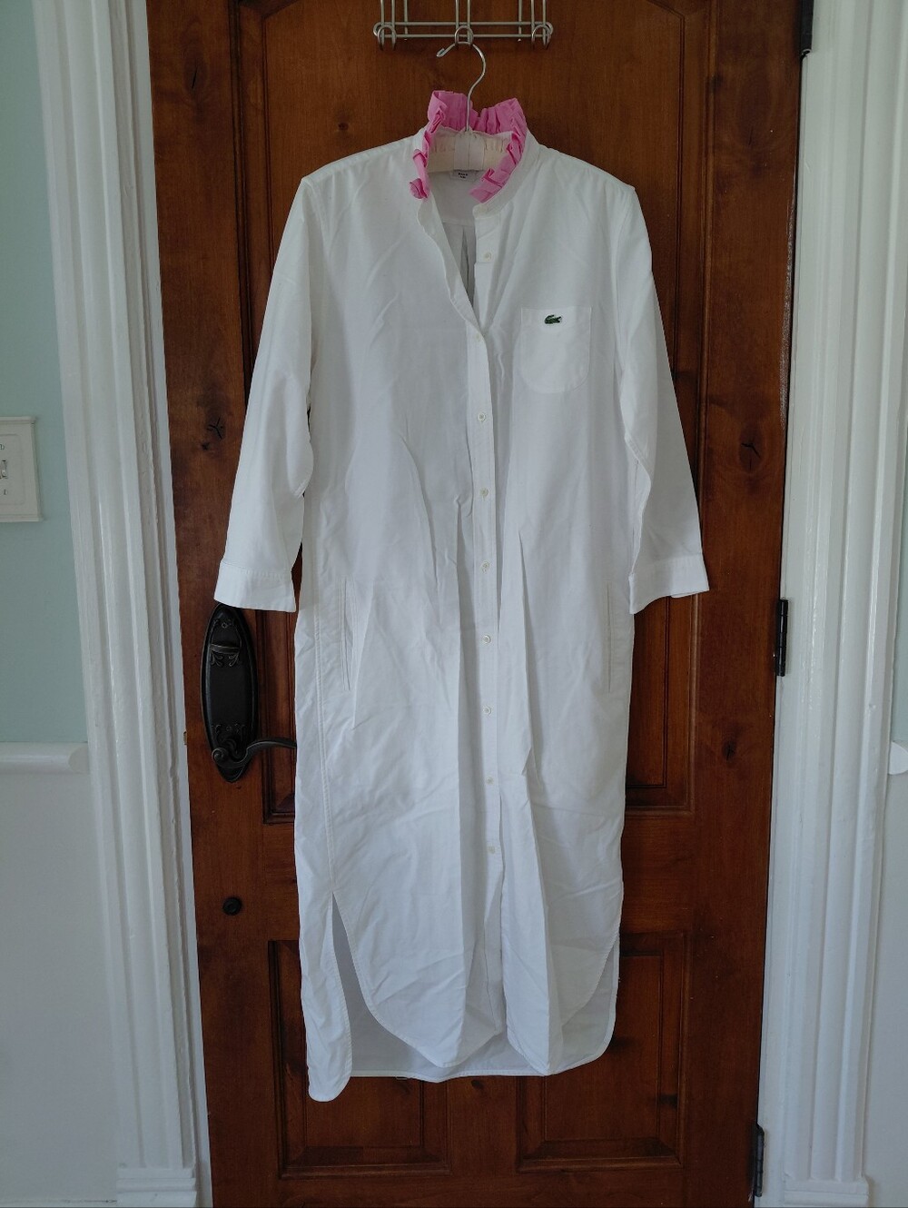 Lacoste Pique Polo Shirt Dress Button Up in White Cotton size 42 Midi Maxi